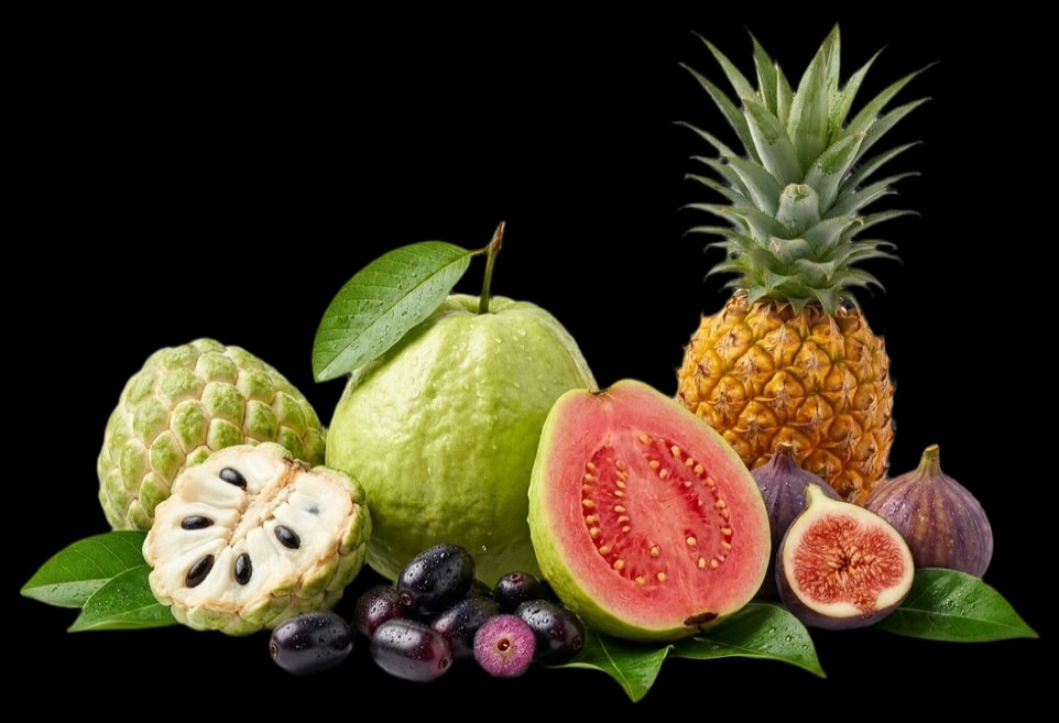 Fresh fruits from Jarvi — red-flesh guava, custard apple, pineapple, figs and blood jamun